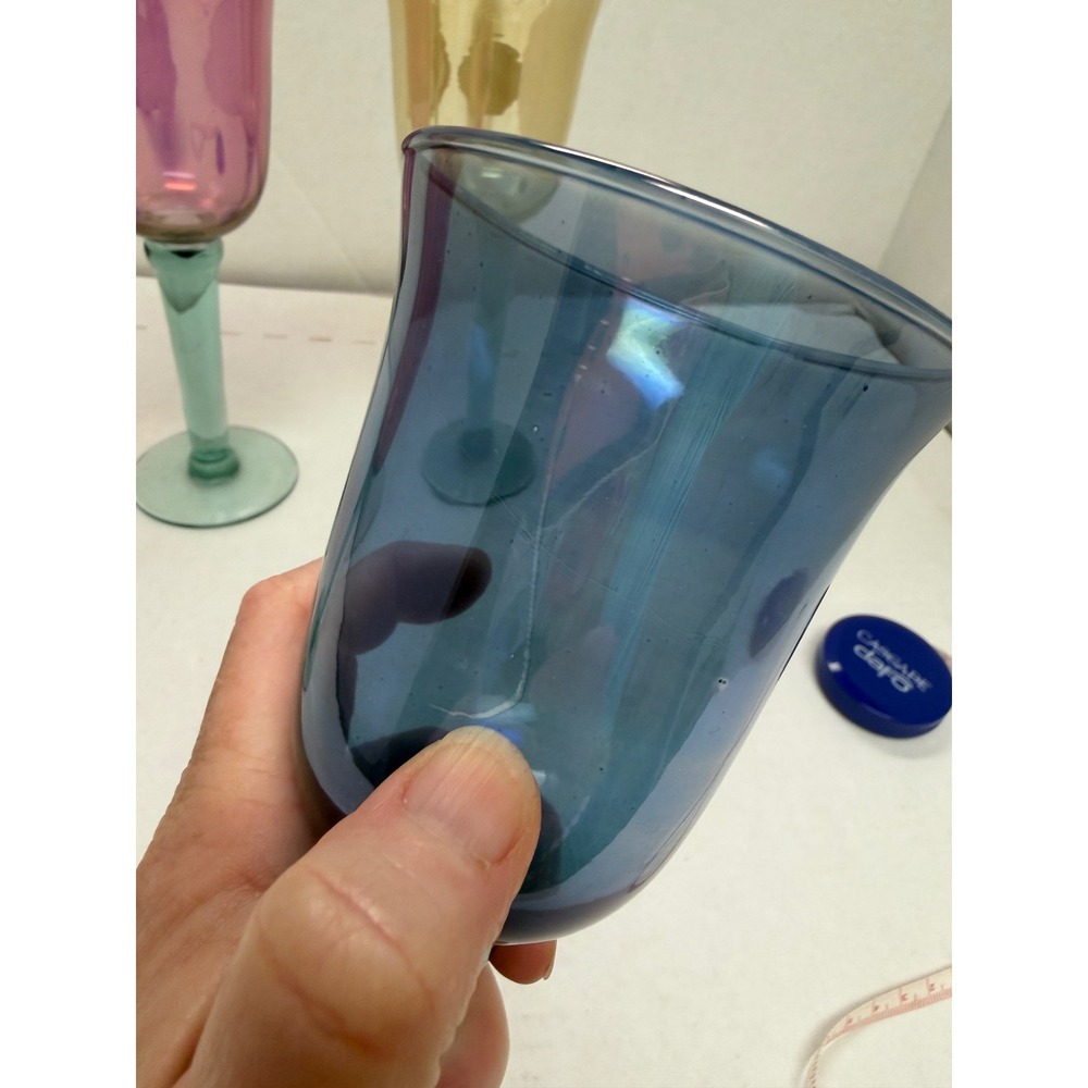 Vintage Jewel Tone Iridescent Wine Goblets 4 Mixed Colors Teal Stems 9.75" - Picture 7 of 8